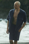 Sports Club Sweater Knit Short Sleeve Button Up - Navy